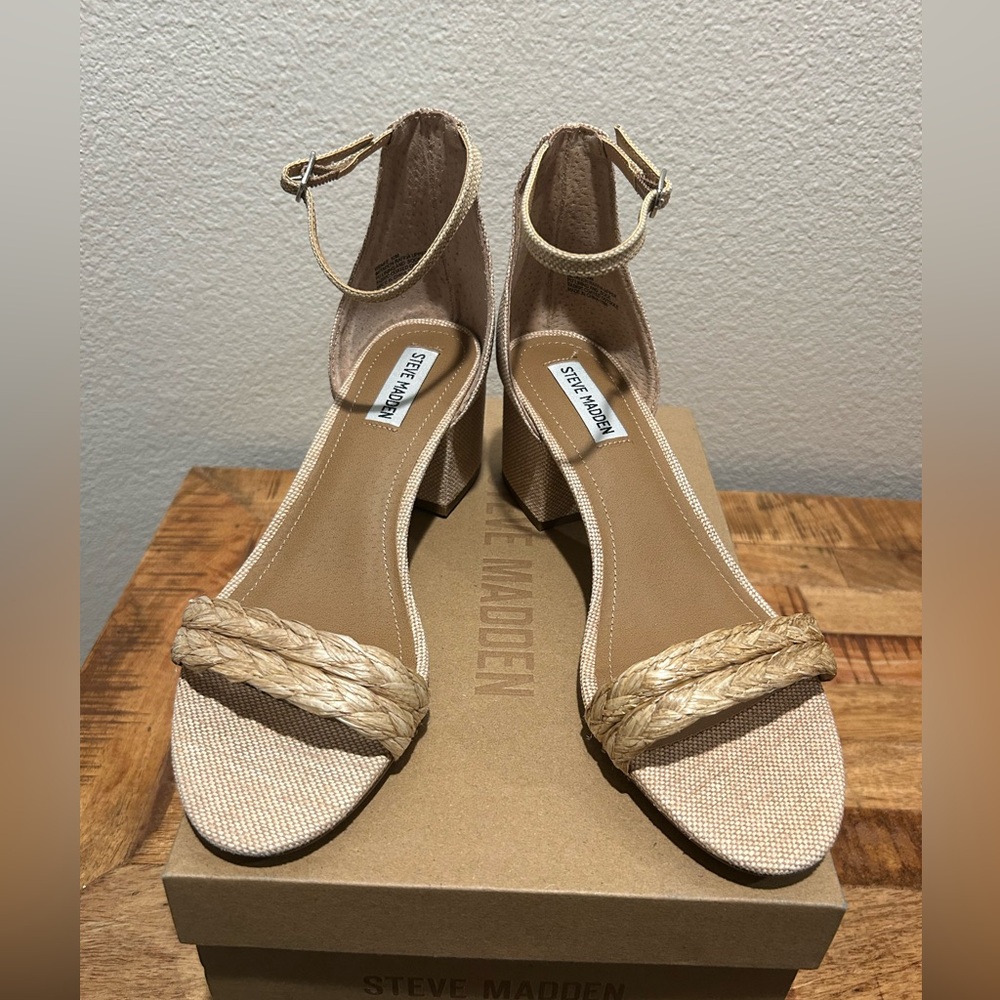 Steve Madden Beige Braided Ankle-Strap Block Heel Sandals